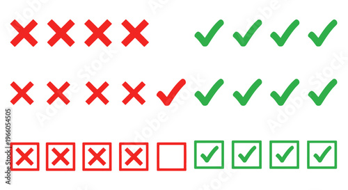 Minimalist check and cross icon set, red and green validation symbols, flat vector marks for survey and quiz results