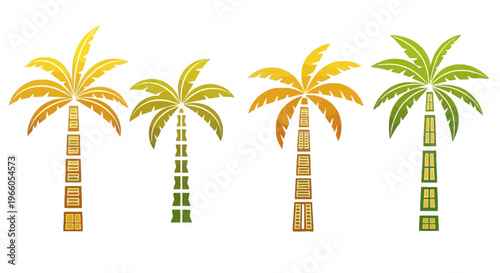 Tropical palm tree vector set, four stylized palm trees with yellow and green gradients, summer vacation botanical elements for beach travel design