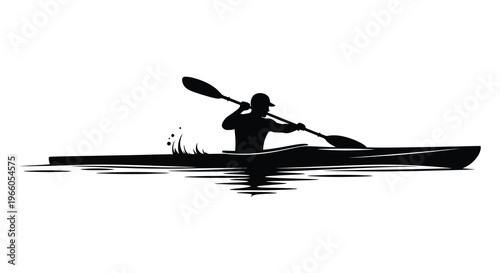 A kayaker paddles across water appearing as a dramatic black shape against the white background silhouette high quality professional detailed modern