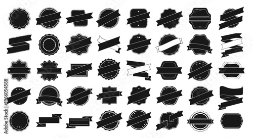 Vintage black ribbon badges and retro labels set, 40 vector elements for product branding, classic heraldic shield and circle seal collection