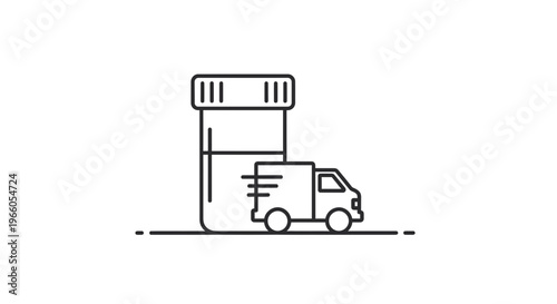 Delivery Truck Next to Giant Pill Bottle Icon, Pharmaceutical Logistics Concept
