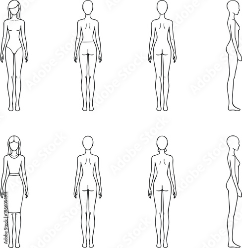 Female fashion figure croquis set featuring front back and side view model templates for apparel design and garment sketching.