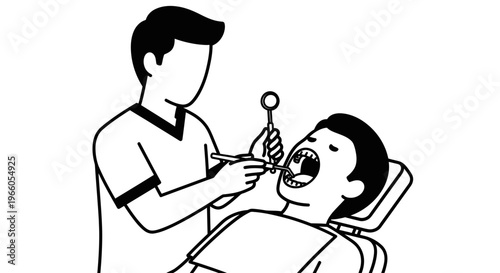 Dentist examining patient's teeth with mirror and probe in dental chair, line art illustration