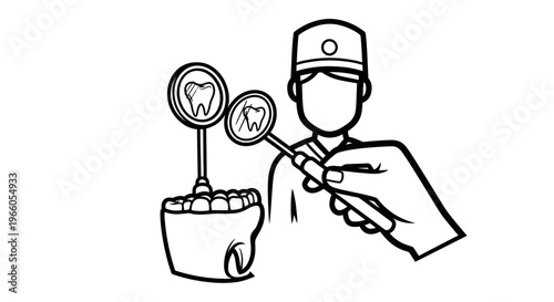 Dentist examining teeth model with dental mirror and dental tools, dental care concept