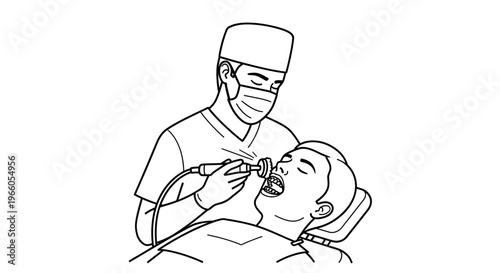 Dentist performing dental cleaning on patient with ultrasonic scaler, close-up line art