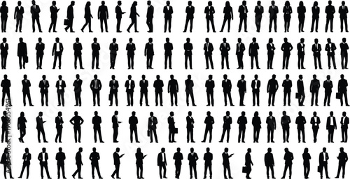 Large vector set of professional and casual people silhouettes in various walking standing and talking poses for architectural visualization.