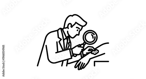 Dermatologist examines skin lesion with magnifying glass, medical checkup concept