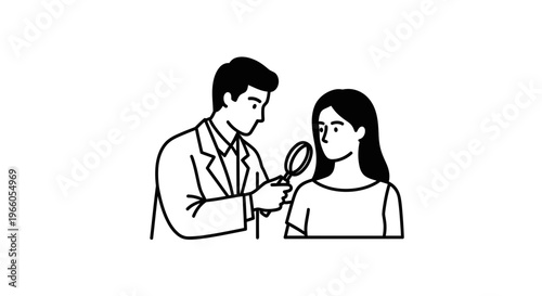 Dermatologist examines patient's face with magnifying glass, skin check, medical consultation