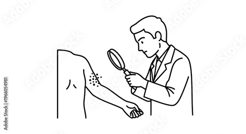 Dermatologist examines skin rash with magnifying glass, close-up of patient's arm