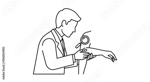 Dermatologist examining mole on patient's arm with magnifying glass, medical check-up