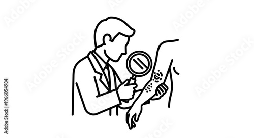 Dermatologist examines skin rash with magnifying glass, medical checkup, dermatology concept