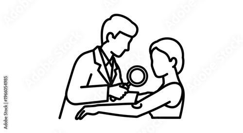 Dermatologist examining patient's skin with magnifying glass, medical check-up, healthcare concept