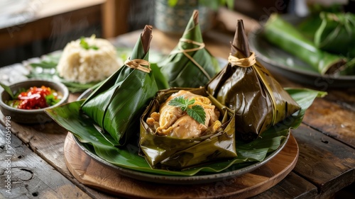 Indonesian cuisine. 
The Indonesian dish is Pepes Ayam, which is a chicken steamed or grilled in banana leaves.