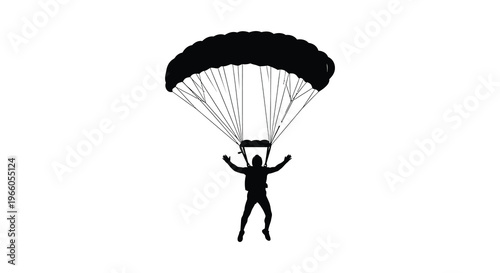 A black silhouette of a skydiver gracefully descending with a fully deployed parachute against a white background silhouette high quality professional