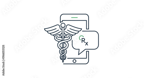 Digital Health Icon: Caduceus and Rx symbol on smartphone screen, telemedicine concept