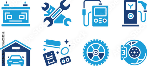 Automotive service and repair icons including car battery, tools, fuel pump, garage, and car parts.