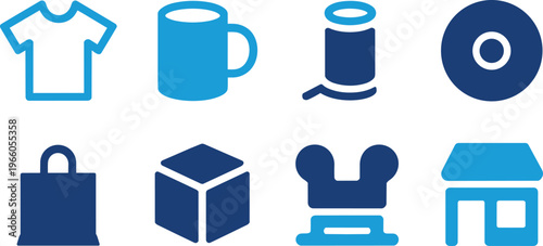Set of four simple blue icons representing clothing, beverage, user, and music disc