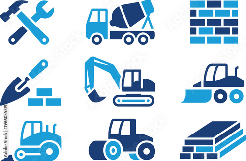 Set of flat construction industry icons and tools, building machinery and materials, graphic design eleme