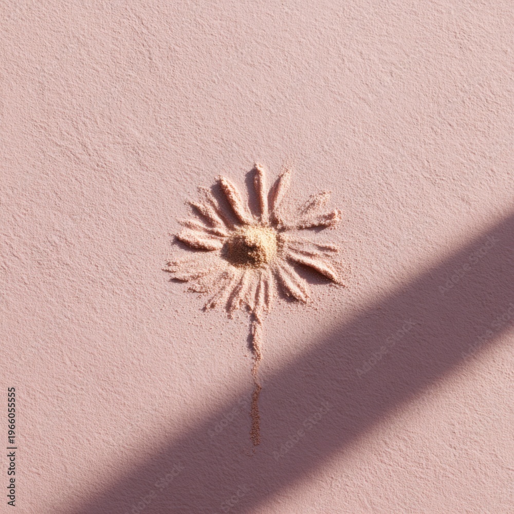 © Andrii Zastrozhnov - Powder daisy pink shadow minimalist composition crushed powder stem floral imprint on pastel surface