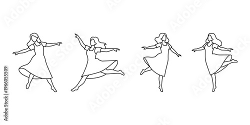 Four line art illustrations of women dancing in different poses