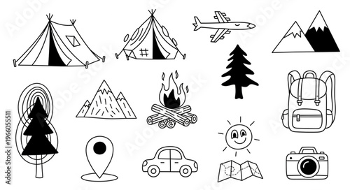 Hand-drawn camping and travel icons for outdoor adventures.