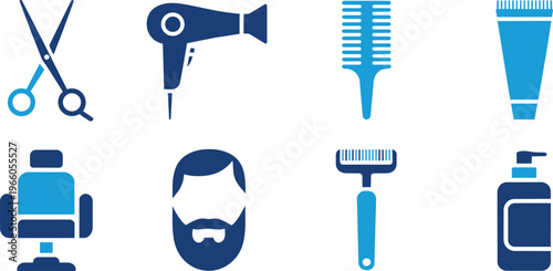 Set of barber shop and salon tools, illustrated in a flat, graphic style.