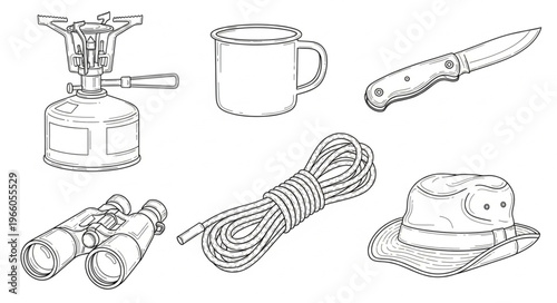 Essential Camping Gear - Stove, Mug, Knife, Binoculars, Rope, and Hat.