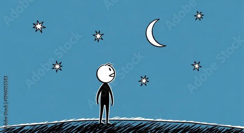 Stick Figure Gazing at the Moon and Stars in the Night Sky.