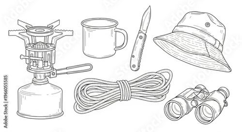 Camping Essentials - Stove, Mug, Knife, Hat, Rope, and Binoculars.