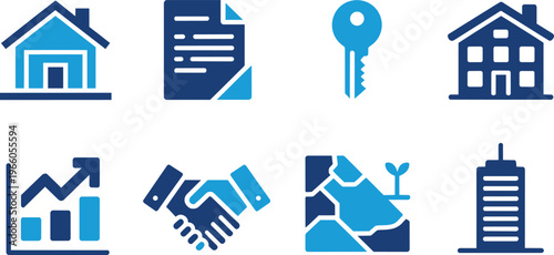 Real Estate Business Icons: House, Contract, Key, Graph, Handshake, Building, Shipping