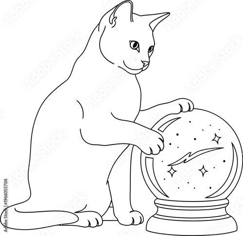 Curious cat gazing into a mystical crystal ball filled with stars Vector