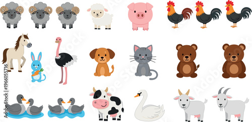 Farm Animal Character Set Featuring Sheep, Horse, Pig, Rooster, Dog, Cat, Bear, Goose, Swan, and Goat for Illustration Designs