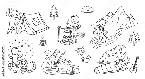 Camping Adventure - A Whimsical Illustration of Outdoor Activities.