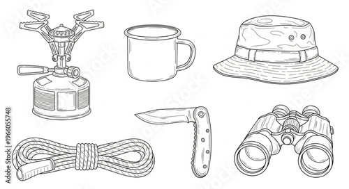 Camping Gear Essentials - Stove, Mug, Hat, Rope, Knife, Binoculars.