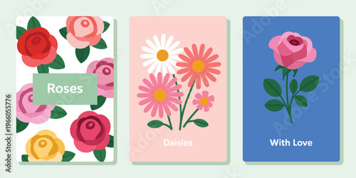 Minimalist floral greeting cards with roses daisies and love message