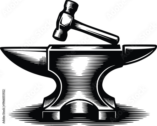 Vintage Blacksmith Anvil and Sledge Hammer Metalwork Woodcut Vector Illustration