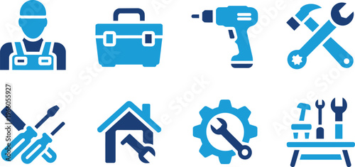 Collection of blue service and repair icons including a worker, toolbox, drill, and house with tools.