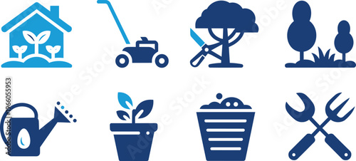 Collection of blue garden icons depicting greenhouse, lawnmower, tree, plants, watering can, pot, bin, an