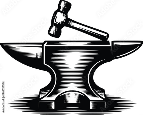 Vintage Blacksmith Anvil and Sledge Hammer Metalwork Woodcut Vector Illustration