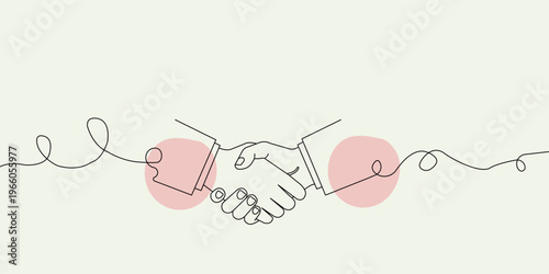 Handshake with puzzle pieces and pink circles on a line drawing