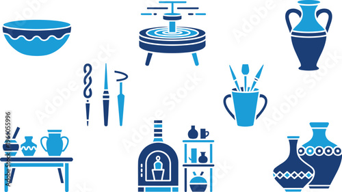 Collection of blue decorative vases, pottery, and ancient artifacts arranged on dark