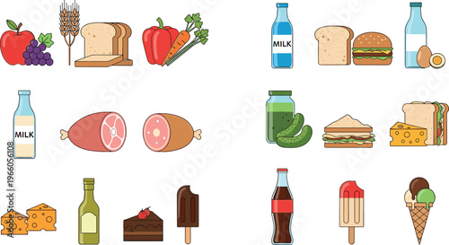 Food and Beverage Icon Set Featuring Milk, Sandwiches, Snacks, Ice Cream, Soft Drinks, and Healthy Foods for Nutrition, Meals, and Grocery Themes