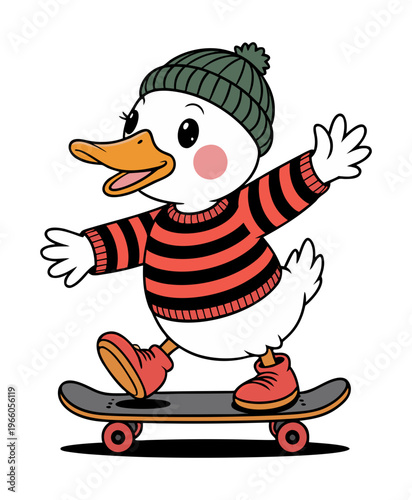 cute cartoon duck wearing a striped sweater and hat, riding on a skateboard