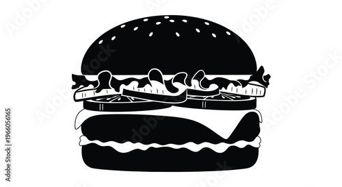 A striking black silhouette of a cheeseburger with visible layers of ingredients showcasing a classic fast food item silhouette high quality