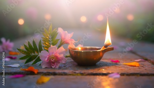 Traditional oil lamp with bright glowing flame surrounded by fresh pink flowers and green leaves placed on stone surface during festive celebration with soft bokeh background lights