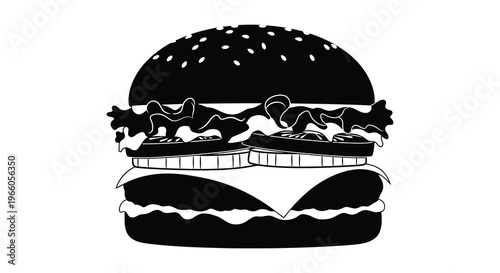 A detailed black and white illustration depicts a classic cheeseburger with layers of ingredients a bold silhouette high quality professional modern