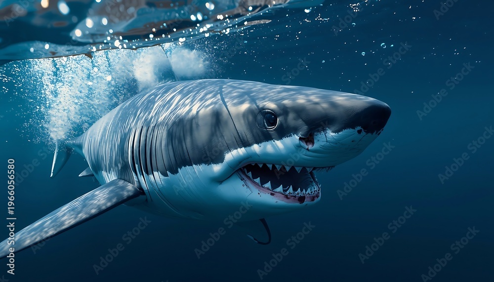 Fototapeta premium A menacing great white shark glides through the dark blue ocean, mouth slightly open, revealing sharp teeth.
