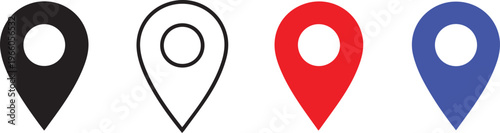 Four colorful map pin icons black white red and blue location markers