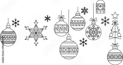 Traditional holiday ornaments and decorations in a minimalist line drawing style Vector