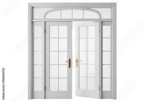 White double doors with glass panes and an arched transom window isolated on transparent background